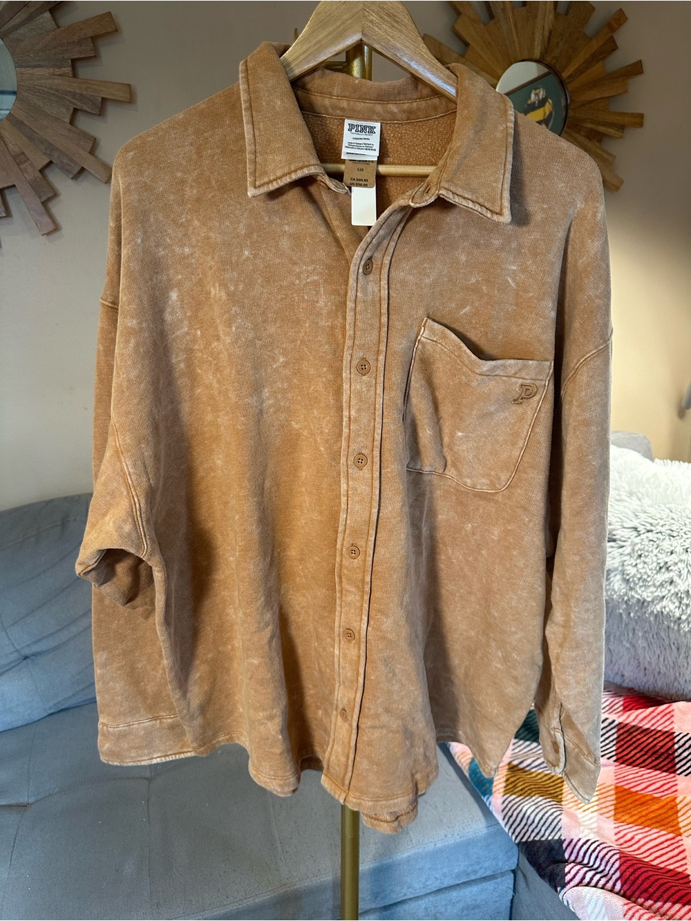 PINK Victoria's Secret Shacket Tan Brown Button-Up Sweatshirt NWT